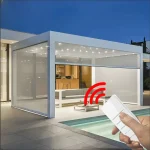 Motorized Aluminum Pergola with Rainproof Louvers & Roller Blinds – Electric Sunshade Gazebo for Backyard Garden