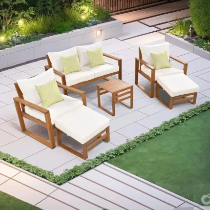 6-Piece Acacia Wood Outdoor Sectional Set – Patio Furniture with Ottomans for Garden or Sunroom Use