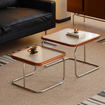 Japanese Stainless Steel Retro Coffee Table for Living Room Square Low Rattan Side Table for Small Apartment Glass Table