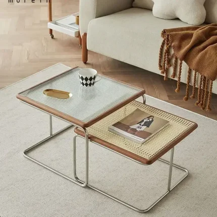 Modern Nordic Medieval Coffee Table ā Solid Wood, Glass, Rattan & Steel for Minimalist Living Spaces
