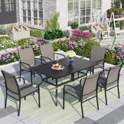 Studio 7-Piece Outdoor Dining Set – Black & Brown Steel Table with Textilene Chairs for 6 People