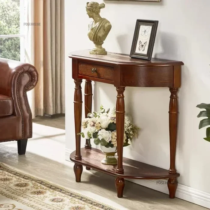 European Retro Solid Wood Console Table – Designer Entryway Furniture for Living Room, Hallway, or Hotel Corridor - Image 1