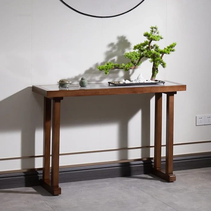 New Chinese Solid Wood Console Table – Minimalist Light Luxury Hallway, Living Room, Corridor, Rock Slab Entrance - Image 1