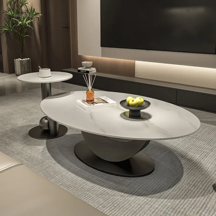 Italian Rock Slab Coffee Table – Oval Luxury Minimalist Side Table for Living Room or Small Apartment - Image 1