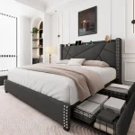 Queen Upholstered Platform Bed Frame with Storage Drawers, Charging Station, Wingback Shelf & Solid Wood Slats