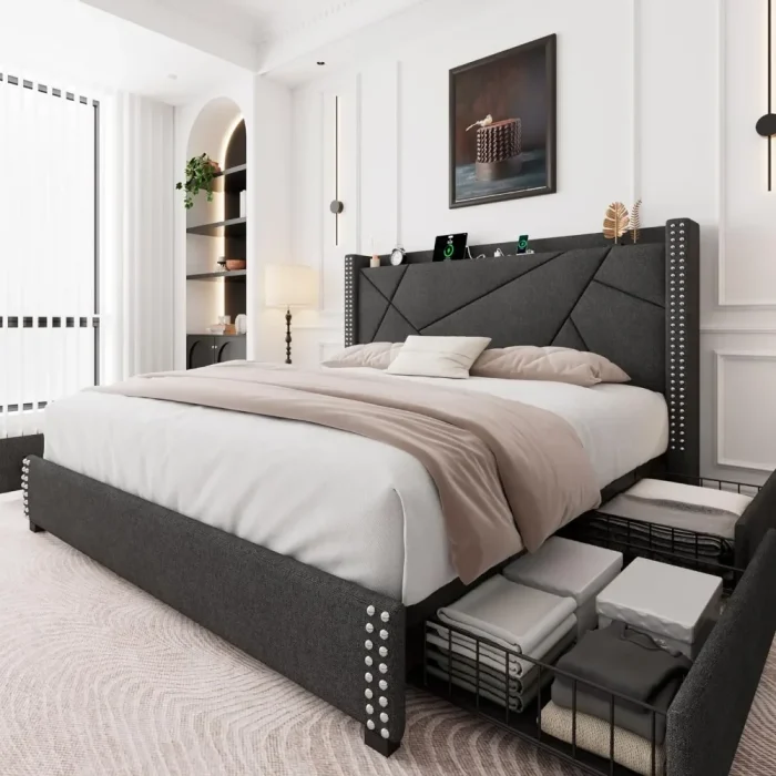 Queen Upholstered Platform Bed Frame with Storage Drawers, Charging Station, Wingback Shelf & Solid Wood Slats - Image 1