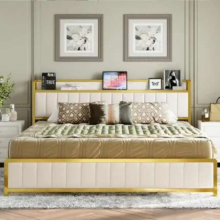 Queen Bed Frame with Storage Headboard, Charging Station, Noise-Free, No Box Spring, Easy Assembly