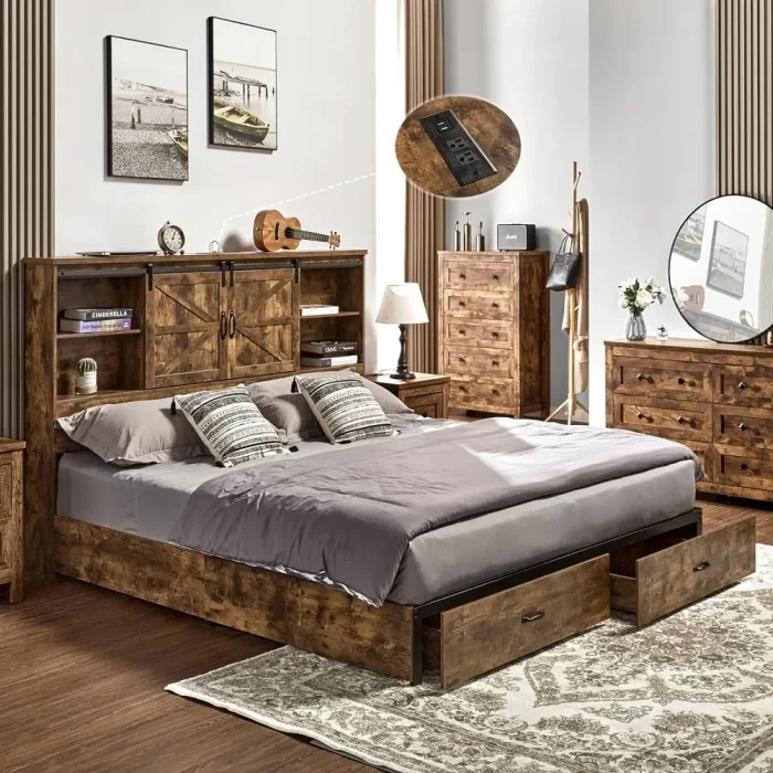 Queen Wooden Platform Bed Frame with 51.2" Bookcase Headboard, 2 Storage Drawers, Noise-Free, No Box Spring - Image 1