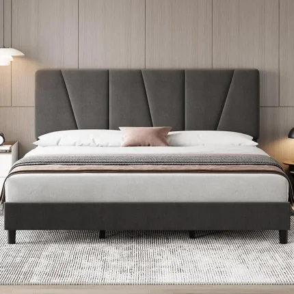 Linen Upholstered Bed Frame with Adjustable Headboard ā Platform Mattress Foundation with Strong Wooden Slats, No Box Spring