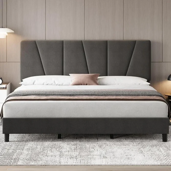 Linen Upholstered Bed Frame with Adjustable Headboard – Platform Mattress Foundation with Strong Wooden Slats, No Box Spring - Image 1