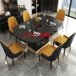 Practical Black & White Rock Plate Long Dining Table Set with 6 Chairs for Small Living Rooms