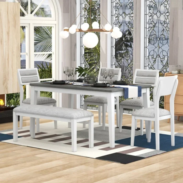 6-Piece Dining Set – White & Gray Table, 4 Upholstered Chairs, Bench, Classic Traditional Style Furniture - Image 1