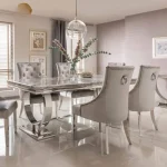 Luxury Marble Dining Table Set – Stainless Steel Frame, Easy-Clean Panels, Elegant Chairs for Modern Spaces