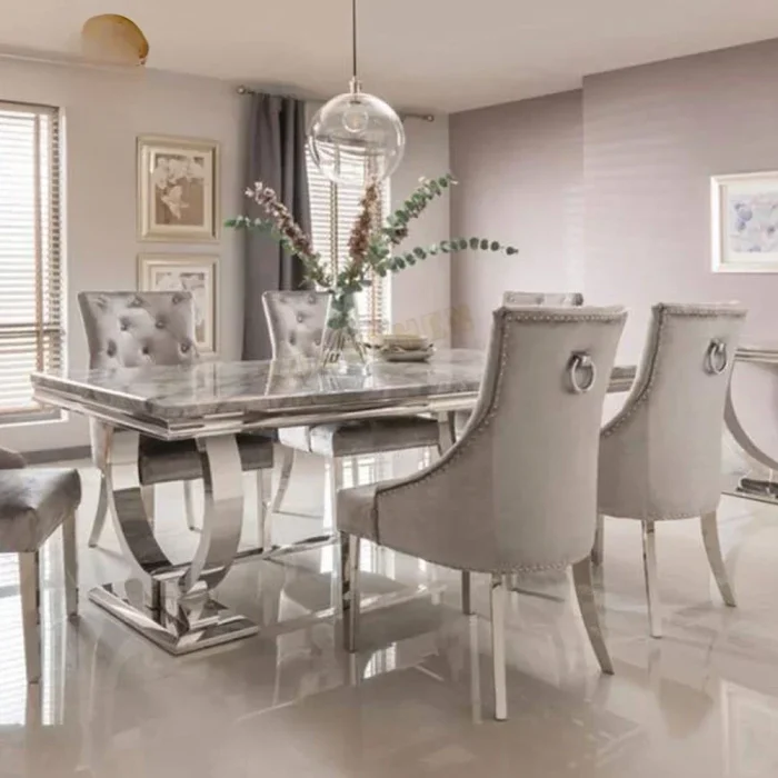 Luxury Marble Dining Table Set – Stainless Steel Frame, Easy-Clean Panels, Elegant Chairs for Modern Spaces - Image 1