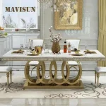 Post-Modern Marble Dining Table Set – Golden Carved Stainless Steel Base, Luxury Chairs, Crown-Inspired Apartment Furniture