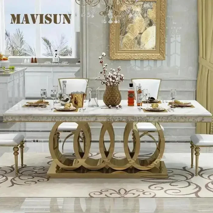 Post-Modern Marble Dining Table Set – Golden Carved Stainless Steel Base, Luxury Chairs, Crown-Inspired Apartment Furniture - Image 1