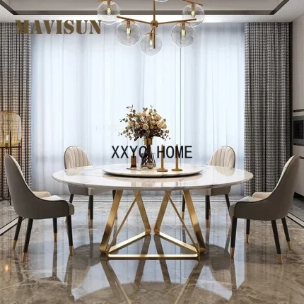Luxury Golden Round Marble Dining Table Set with Turntable ā High-End Italian Villa Kitchen Furniture