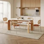 Modern Cream French Log Dining Table Set – Rectangular Rock Plate Mesa with Chairs for Elegant Homes