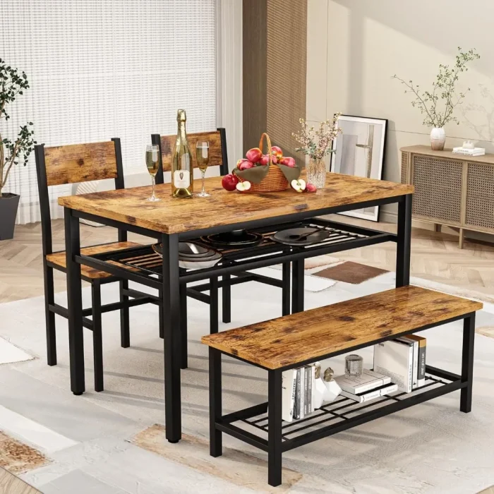 4-Piece Industrial Dining Table Set – Table, Bench & Chairs for 4 with Metal Frame & Storage Rack - Image 1