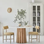 Japandi Nordic Farmhouse Dining Table Set – Round Slate Concrete Wood 6-Seater Natural Solid Design