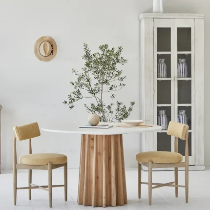 Japandi Nordic Farmhouse Dining Table Set – Round Slate Concrete Wood 6-Seater Natural Solid Design