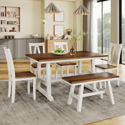 6-Piece Walnut White Wood Dining Table Set with Bench and 4 Chairs – Farmhouse Kitchen Style