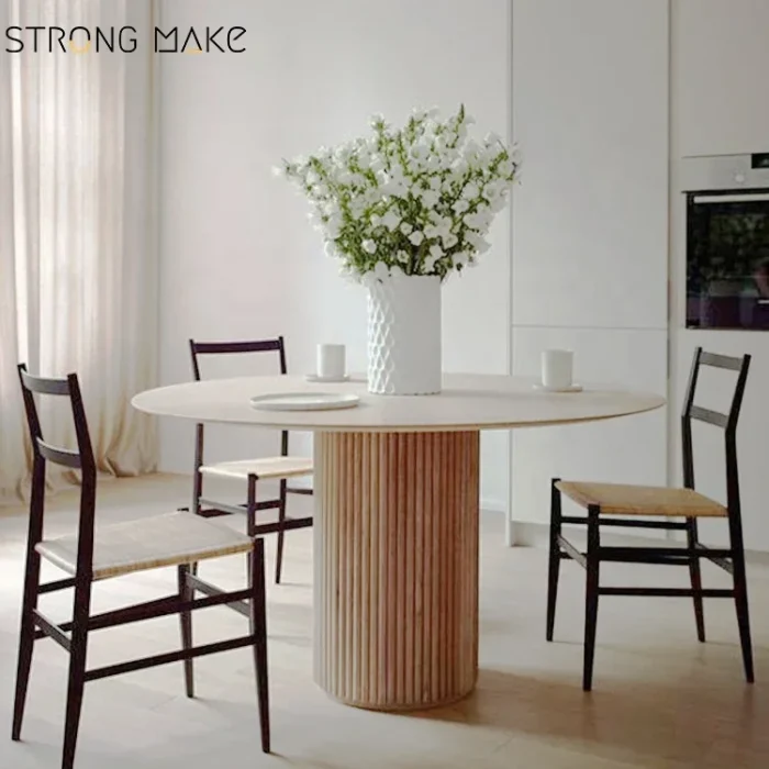 Nordic Modern Round Oak Dining Table Set – Black Fluted Solid Wood Small Kitchen Esstisch Furniture - Image 1