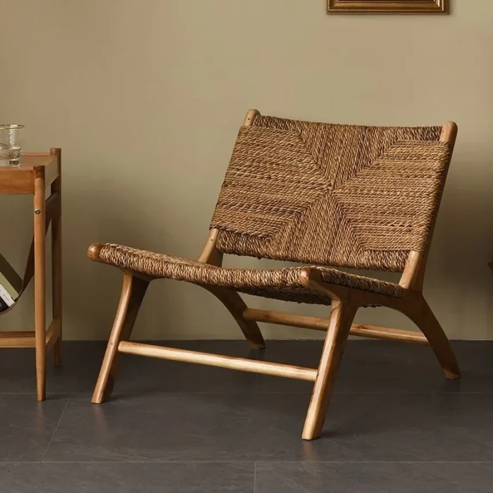 Retro Rattan Single Sofa Chair – Wabi-Sabi Style Solid Wood Lounge Seat for Balcony or Living Room - Image 1