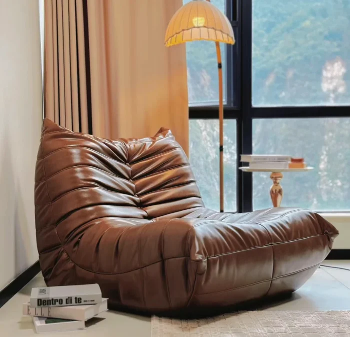 Real Leather Cream Lazy Sofa – Floor Lounge Chair for Living Room, Balcony, Home Leisure & Sleeping - Image 1