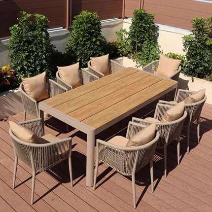 Modern European Rattan Garden Furniture Set – Outdoor Sofa, Dining Chairs, Cushions, Wooden Patio Lounge