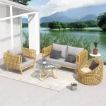 4-Piece Yellow Rattan Outdoor Patio Sofa Set with Cushions and Glass Top Coffee Table Furniture