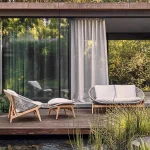 Nordic Teak Outdoor Sofa Set Waterproof Garden Balcony Furniture with Vine Weaving and Sun Protection Design