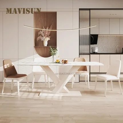 High-End Rectangular White Dining Table, Modern Marble Tabletop