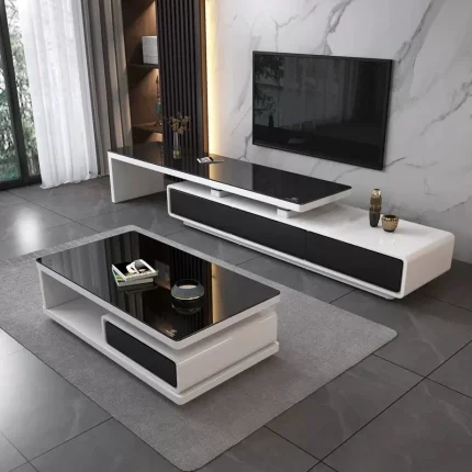 Modern White/Black TV Stand and Smart Coffee Table Living Room