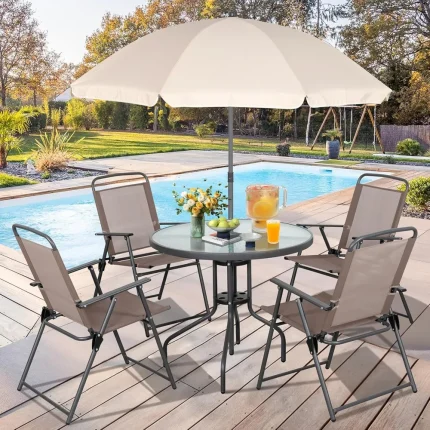 6-Piece Folding Patio Dining Set with Umbrella and Chairs