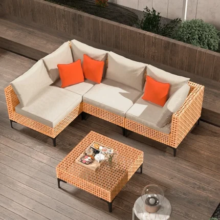 5-Piece Modular Wicker Outdoor Sectional Sofa Set with Cushions and Coffee Table