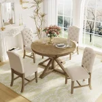5-Piece Solid Wood Dining Set with Extendable Round Table & 4 Upholstered Chairs – Kitchen or Dining Room