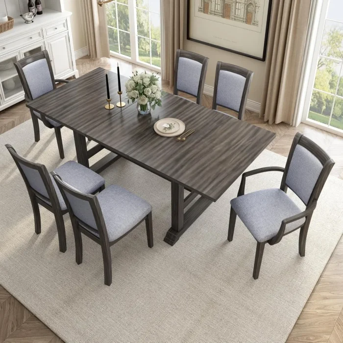 7-Piece Extendable Trestle Dining Table Set with Upholstered Side & Arm Chairs – Elegant 76.9-Inch Table - Image 1