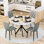 Modern Round Dining Table Set with Faux Marble Top & 4 Velvet Chairs – Elegant Kitchen & Home Furniture