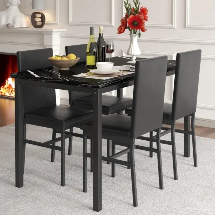 5-Piece Faux Marble Dining Set with PU Leather Chairs, Sleek and Modern Kitchen Design