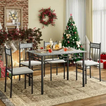 Vintage 5-Piece Dining Set with Faux Marble Table and 4 Chairs, Ideal for Kitchen Use