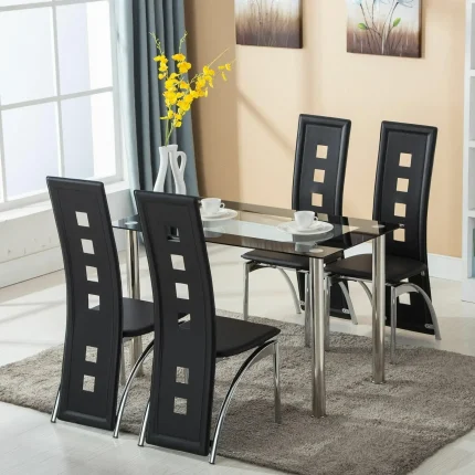 Modern 5-Piece Dining Set with Glass Tabletop and 4 Leather Chairs for Kitchen Spaces