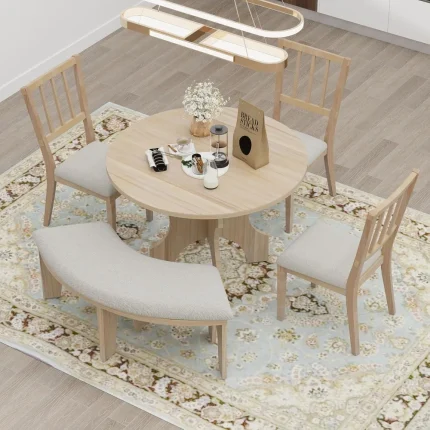 Retro 5-Piece Round Dining Set with Curved Bench and 3 Chairs, Classic Kitchen Table