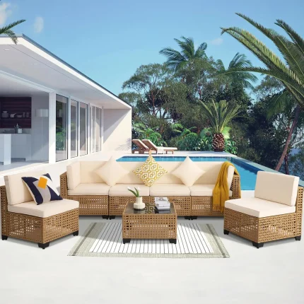 Outdoor Wicker Sectional Sofa Set with Cushions and Glass Table – Elegant Garden Conversation Furniture Combo