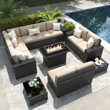 13-Piece Rattan Sectional Patio Set with Fire Pit Table – Cozy, Elegant Outdoor Entertainment Space