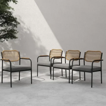Patio Dining Chairs Set of 4 – Stylish Outdoor Armchairs with Rope Backrest for Garden or Kitchen Use