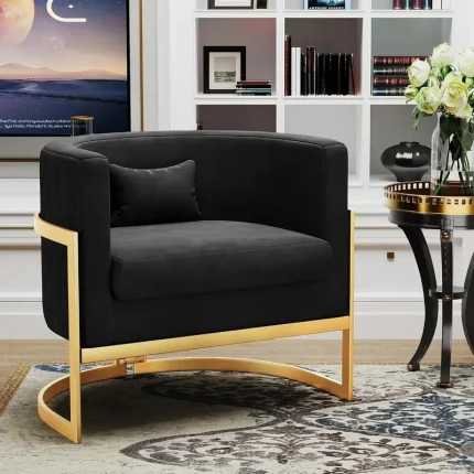 Elegant Velvet Barrel Armchair – Black Gold Accent Chair for Bedroom, Living Room or Modern Lounge