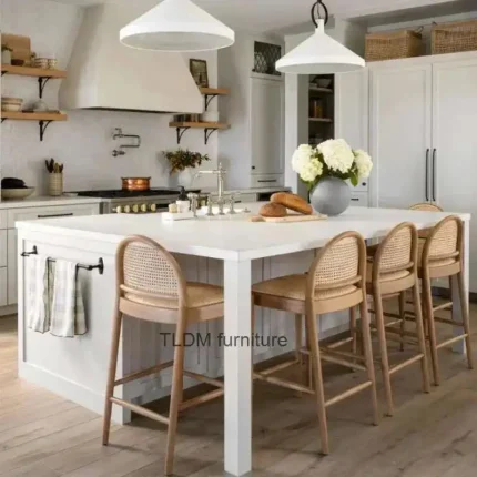 Luxury Nordic Rattan Bar Stool, Wooden Minimalist High Dining Chair, Modern Backrest Stool for Kitchen Bar
