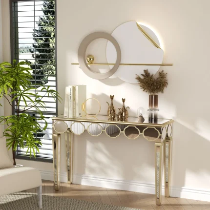 Modern Mirrored Console Table with Gold Lantern Design – Glam Entryway Accent for Living Room or Hallway