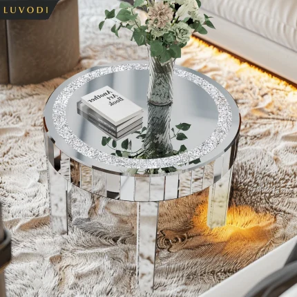 Luxury Round Mirrored Side Table with Crystal Inlay – Elegant Bedside or Accent Table for Modern Glam